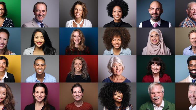 Multiple squares with individual diverse people head shots