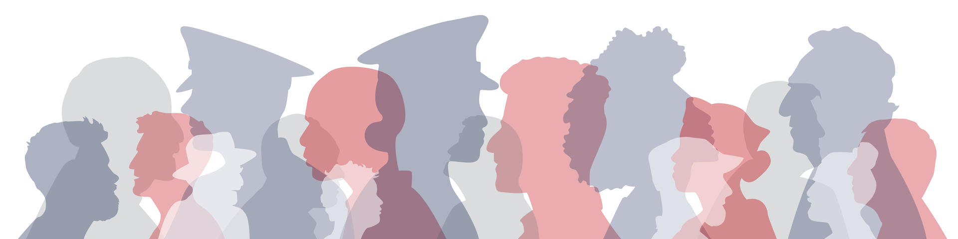 Red, white and blue silhouettes of diverse military personnel